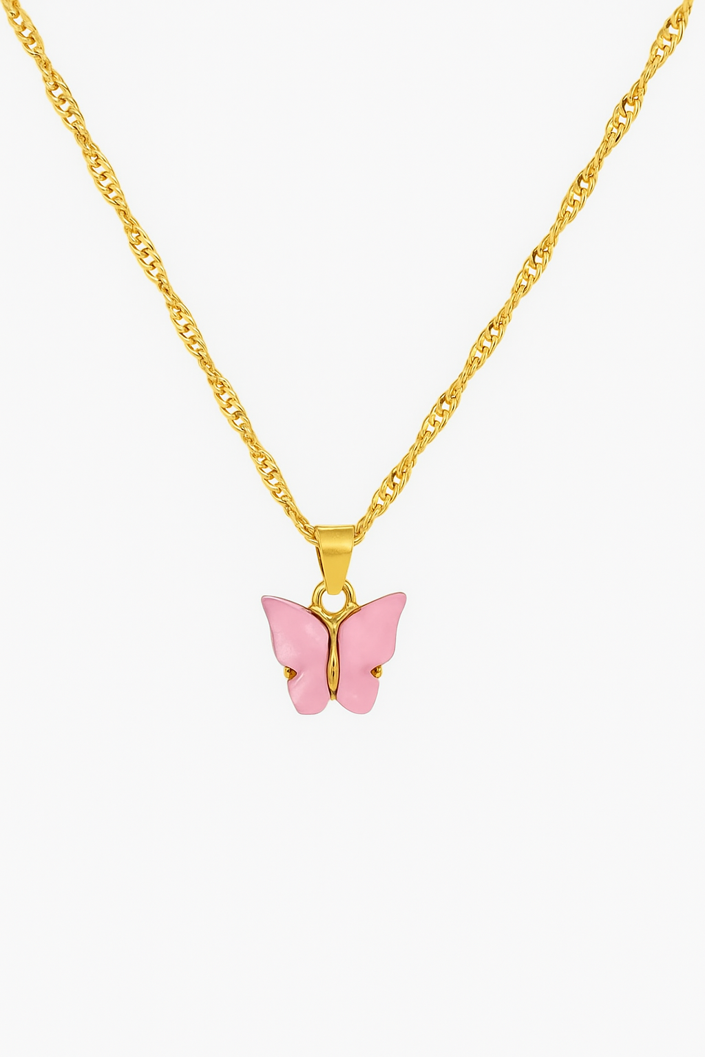 Dainty Pink Butterfly Pendant Necklace – Gold Plated Twisted Chain for Women & Girls