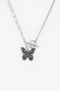 Vintage Silver Butterfly Toggle Necklace – Mixed Paperclip and Curb Chain Layered Look for Women and Girls