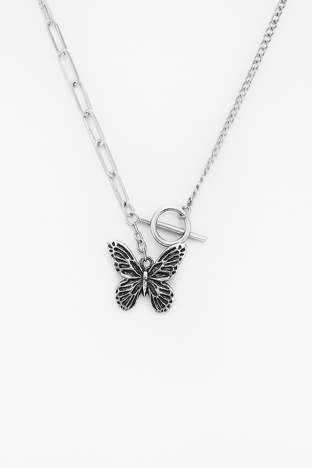 Vintage Silver Butterfly Toggle Necklace – Mixed Paperclip and Curb Chain Layered Look for Women and Girls