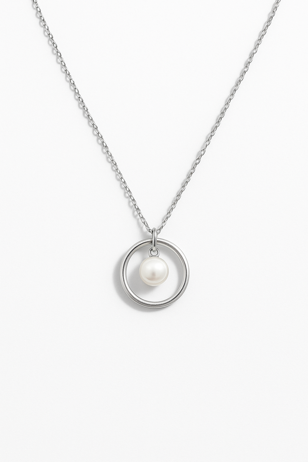 Dainty Silver Pearl Circle Necklace – Minimalist Floating Pearl Pendant for Women and girls
